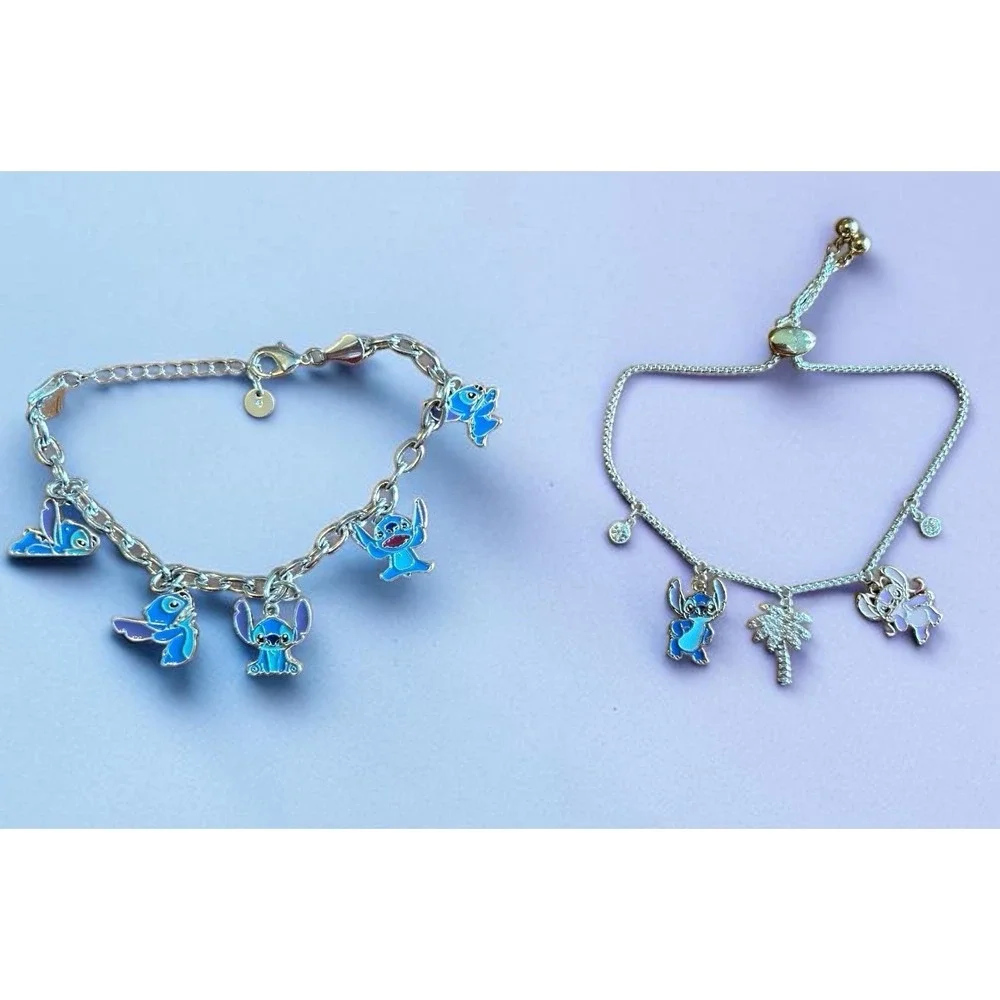Disney Lilo Stitch Silver Charm Bracelet set of‎ two 'Ohana Means Family' Design
